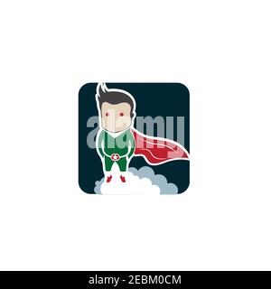 Cartoon design kid dressed as superhero like movie character. Cute superhero kid in colorful costume. Funny Flat Isolated kid wearing superhero costum Stock Vector