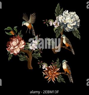 Vintage dark bouquets with peony, rose and bird isolated. Vector. Stock Vector