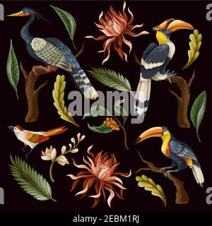 Birds and tropical leaves and flowers isolated. Vector. Stock Vector
