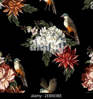 Ornate seamless pattern with vintage peonies, roses and birds. Vector. Stock Vector