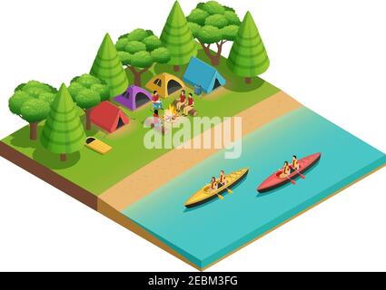 Camping hiking isometric composition with tent on the lake and tourists on boats vector illustration Stock Vector