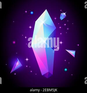 Abstract trendy cosmic poster with crystal gems and pyramid geometric shapes in space. Neon galaxy background. 80s style. Poster with geometric Stock Vector