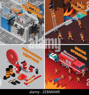 Fireman isometric concept with firefighter equipment and different kinds of rescue operations vector illustration Stock Vector