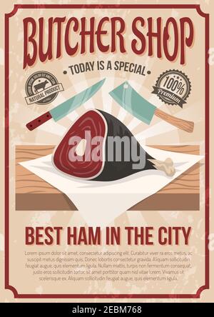Butcher shop poster with gammon image on counter and advertising of best ham in city flat vector illustration Stock Vector