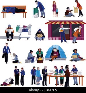 Homeless people isolated decorative icons set of tramp sleeping on bench hungry beggar sitting on on sidewalk refugees in camp flat  vector illustrati Stock Vector