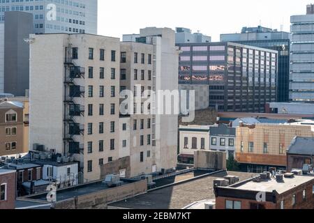 Office buildings and housing units in Harrisburg from a high angle. Stock Photo