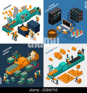 Industrial isometric concept with manufacturing of different types of money mechanical equipment and workers vector illustration Stock Vector