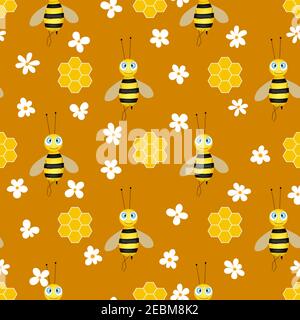 Seamless pattern with bees and honeycombs on brown background. Small wasp. Vector illustration. Adorable cartoon character. Template design for Stock Vector