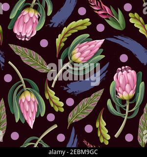Seamless pattern with proteas flowers. Trendy floral vector print. Stock Vector