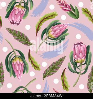 Seamless pattern with proteas flowers. Trendy floral vector print. Stock Vector