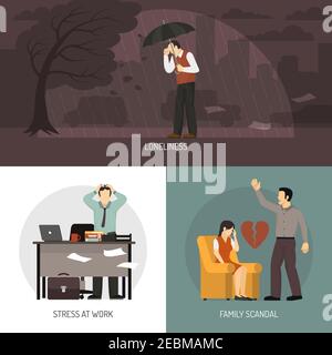 Depression 2x2 design concept with loneliness stress at work and family scandal compositions flat vector illustration Stock Vector