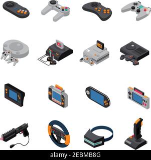 Game gadgets isometric icons collection of  consoles joysticks gamepads virtual mask wheel steering gun isolated vector illustration Stock Vector