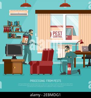 Professional interior pest control service team at work spraying insecticide in living room flat poster vector illustration Stock Vector