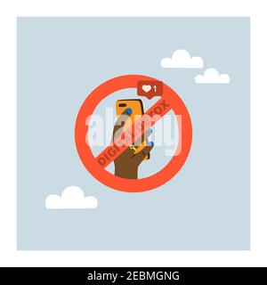 Digital detox. Prohibition to use a mobile phone. Hand holding a smartphone in a crossed out circle. No phone. Stock Vector