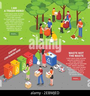 Set of two horizontal garbage recycling banners with colorful isometric compositions of people sorting waste rubbish vector illustration Stock Vector