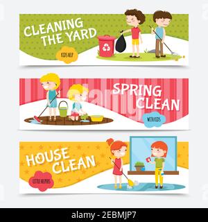 Colorful horizontal banners set with kids cleaning house and yard cartoon isolated vector illustration Stock Vector