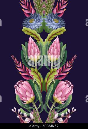 Border with proteas flowers. Trendy floral vector print. Stock Vector