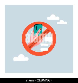 Digital detox. Prohibition to use a mobile phone. Hand holding a smartphone in a crossed out circle. No phone. Stock Vector