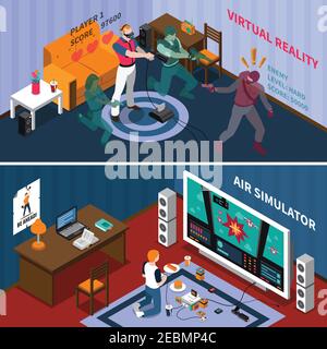 Entertainment isometric horizontal banners with virtual gaming players and kid playing videogames at home vector illustration Stock Vector