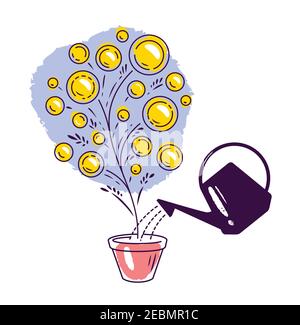 Money tree watering can. Business, finance concept vector Stock Vector