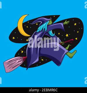 Illustration design a witch riding a broomstick with star and moon. Vector illustration EPS.8 EPS.10 Stock Vector