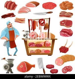 Butcher cartoon set with meat sausage and knife isolated vector illustration Stock Vector