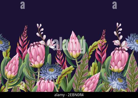 Border with proteas flowers. Trendy floral vector print. Stock Vector