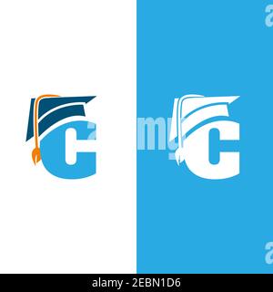 Initial letter C with graduation hat isolated white and blue background. Unique letter C in flat style. Vector illustration EPS.8 EPS.10 Stock Vector