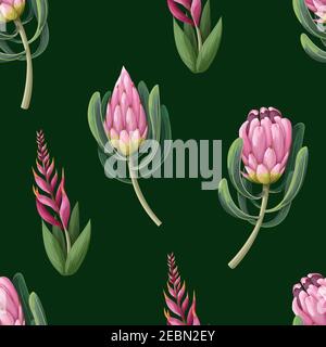 Seamless pattern with proteas flowers. Trendy floral vector print. Stock Vector