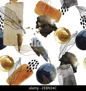 Seamless abstract pattern with watercolor blots, leaves and gold elements. Vector. Stock Vector