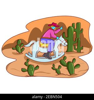 Illustration design cowboy ride a rocking horse on the cactus desert. Vector illustration EPS.8 EPS.10 Stock Vector