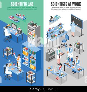 Two scientists laboratory vertical banners set with isometric environment research facility workplaces worker characters and text vector illustration Stock Vector