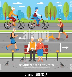 Senior people activities outdoor composition with flat characters doing different exercises sitting jogging and riding bikes vector illustration Stock Vector