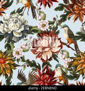 Ornate seamless pattern with vintage peonies, roses and birds. Vector. Stock Vector