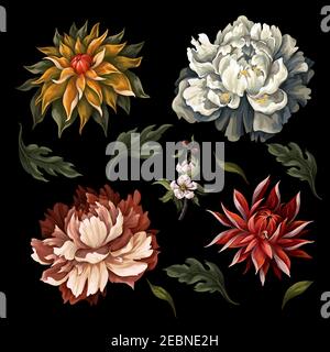 Vintage dark flowers such as peony, rose and chrysanthemum isolated. Vector. Stock Vector