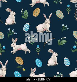 Rustic seamless pattern with trees, rabbits, eggs and other. Easter print. Stock Vector