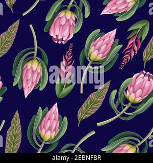 Seamless pattern with proteas flowers. Trendy floral vector print. Stock Vector