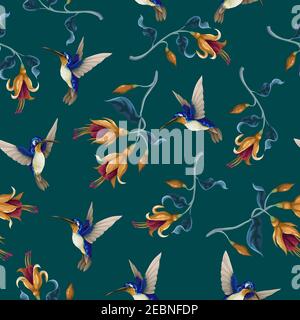Seamless pattern with hummingbirds and tropical flowers. Trendy vector print. Stock Vector