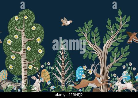 Rustic border with trees, rabbits, eggs and other. Easter print. Stock Vector