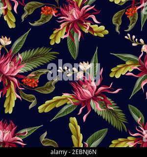 Seamless pattern with tropical leaves and flowers. Vector. Stock Vector