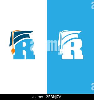 Initial letter R with graduation hat isolated white and blue background. Unique letter R in flat style. Vector illustration EPS.8 EPS.10 Stock Vector