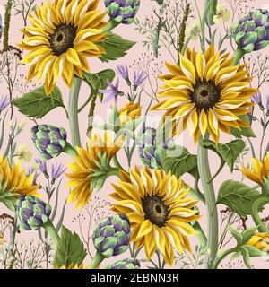 Seamless pattern with sunflowers, artichokes and wild flowers . Vector illustration. Stock Vector