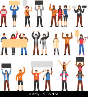 Cheering protesting crowd holding banners flat set isolated on white background vector illustration Stock Vector