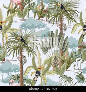Seamless pattern with jungle animals, flowers and trees. Vector. Stock Vector