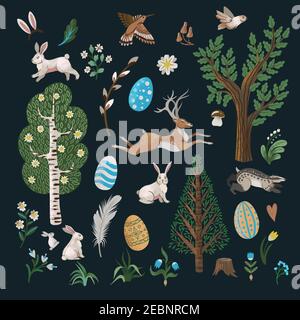 Rustic elements such as trees, rabbits, eggs and other isolated. Easter print. Stock Vector