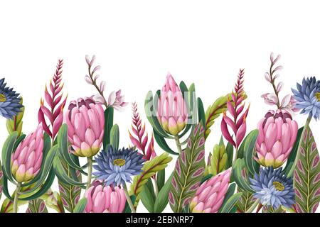 Border with proteas flowers. Trendy floral vector print. Stock Vector