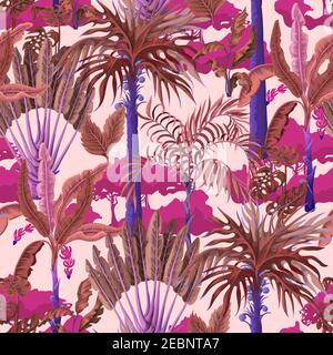 Seamless pattern with exotic trees such us palm and banana. Interior vintage wallpaper. Stock Vector