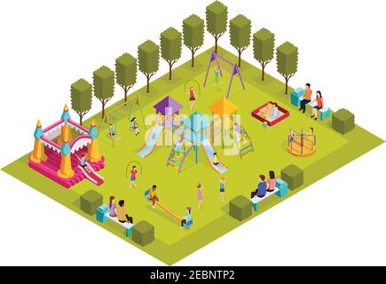 Colored 3d isometric kids playground with layout with placed in the park art objects and gaming complexes vector illustration Stock Vector