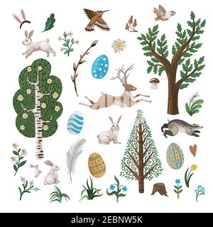 Rustic elements such as trees, rabbits, eggs and other isolated. Easter print. Stock Vector