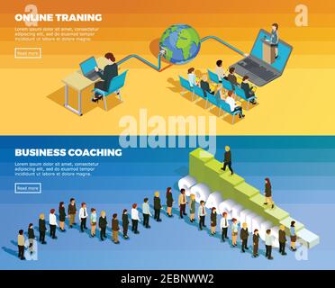 Business education isometric horizontal banners with staff development training and teaching vector illustration Stock Vector